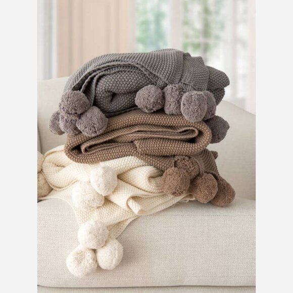 Grey Cotton Throw with Pompoms – 50" x 60" Cozy Season Blanket - Picture 2 of 5